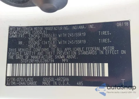 2018 Toyota Highlander Limited from USA, damaged, VIN 5TDYZRFH9JS286794